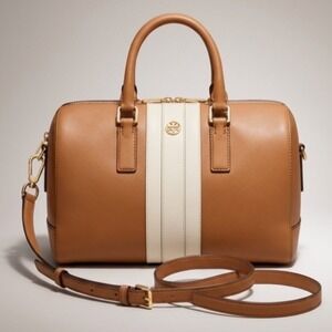 Tory Burch Stripe Robinson Middy Satchel Tan Cream  Saffiano Leather EUC